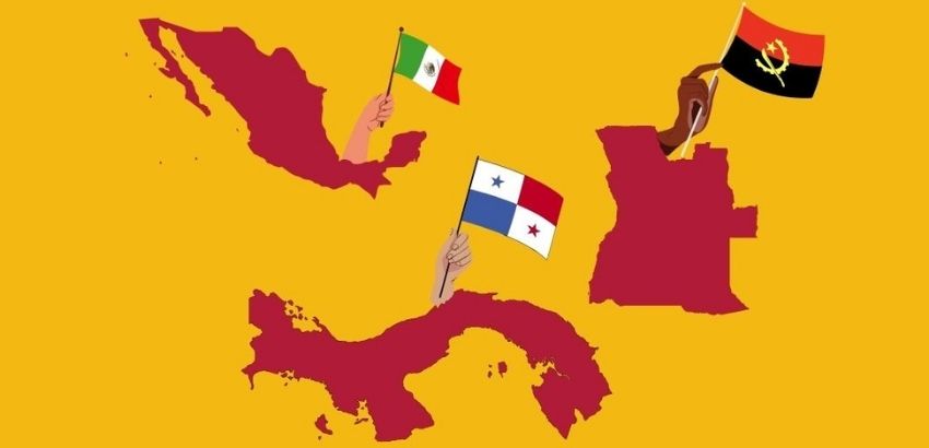 Ilustração em fundo amarelo mostra mapas estilizados do México, América Central e Angola, em vermelho. Mãos surgem sobre os territórios segurando bandeiras do México, do Panamá e de Angola, simbolizando integração e intercâmbio entre países do Sul Global.