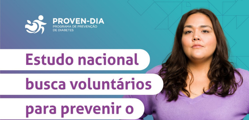 Imagem traz a pesquisa que busca investigar se a mudança de hábitos pode afetar pessoas com pré diabetes. Nas cores roxo e verde. A mulher com cabelos longos e soltos, mãos na cintura e camisa roxa.
