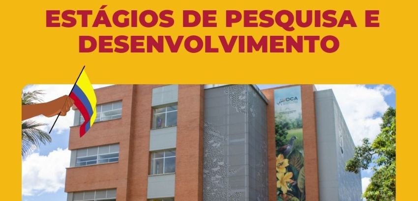 Banner divulga oportunidade de estágio de pesquisa e desenvolvimento em universidade colombiana. A imagem traz a foto de um prédio centralizada e na margem à esquerda a ilutração de uma mão que segura a bandeira da Colômbia.As cores são amarelo e vermelho