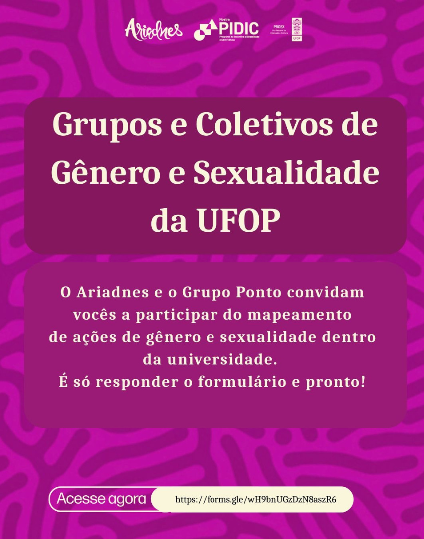 A imagem de um cartaz de divulgação com fundo roxo e padrões orgânicos em um tom mais escuro. O texto é apresentado em uma caixa central com fundo vinho e letras brancas. No topo do cartaz, aparecem os logotipos do projeto Ariadnes, da UFOP e do PIDIC.