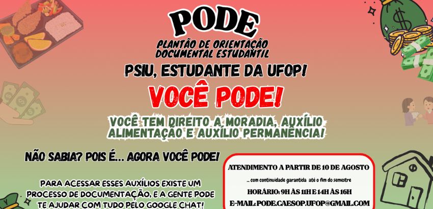 Card de divulgação do PODE, plantão de orientação documental para estudantes da UFOP, com informações sobre atendimentos a partir de 10 de agosto.