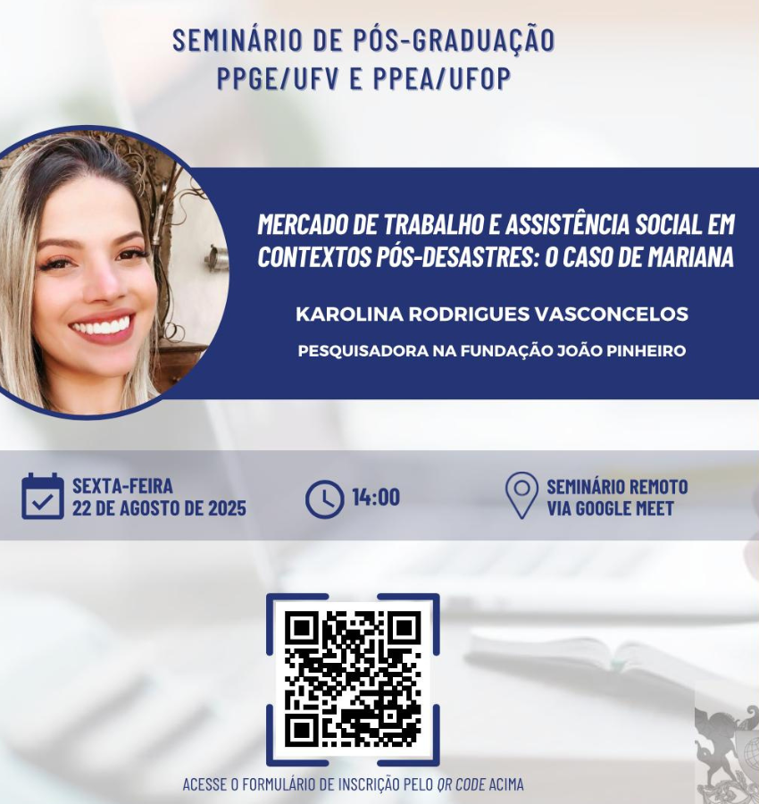 A arte é um card de divulgação de seminário acadêmico, com cores sóbrias em tons de azul, cinza e branco. Abaixo está uma descrição das informações do evento, e o qr code para inscrição. 