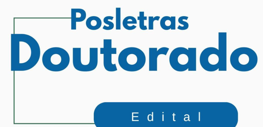 Banner divulga edital aberto para primeira turma de doutorado no Pós-Graduação em Letras. As cores branco e azul são predominantes.