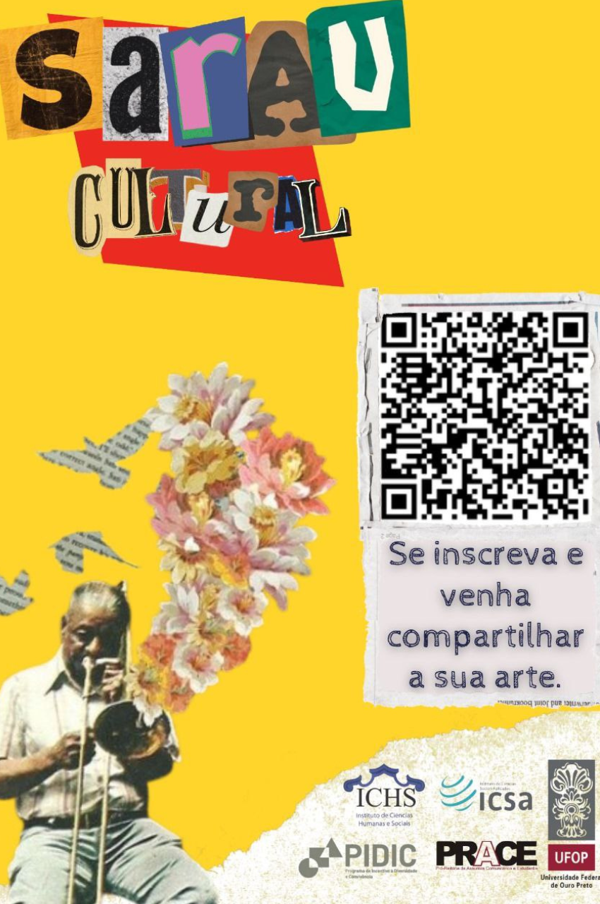 Cartaz com amarelo, com nome do projeto escrito e um QR code para acessar o formulário de inscrição   