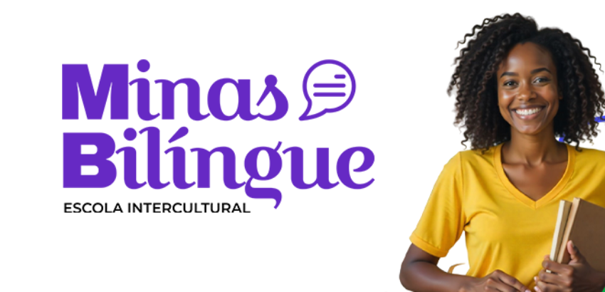 Imagem divulga Programa Minas Bíligue do Governo de Minas.  Uma jovem sorridente aparece no canto direito segurando um caderno.