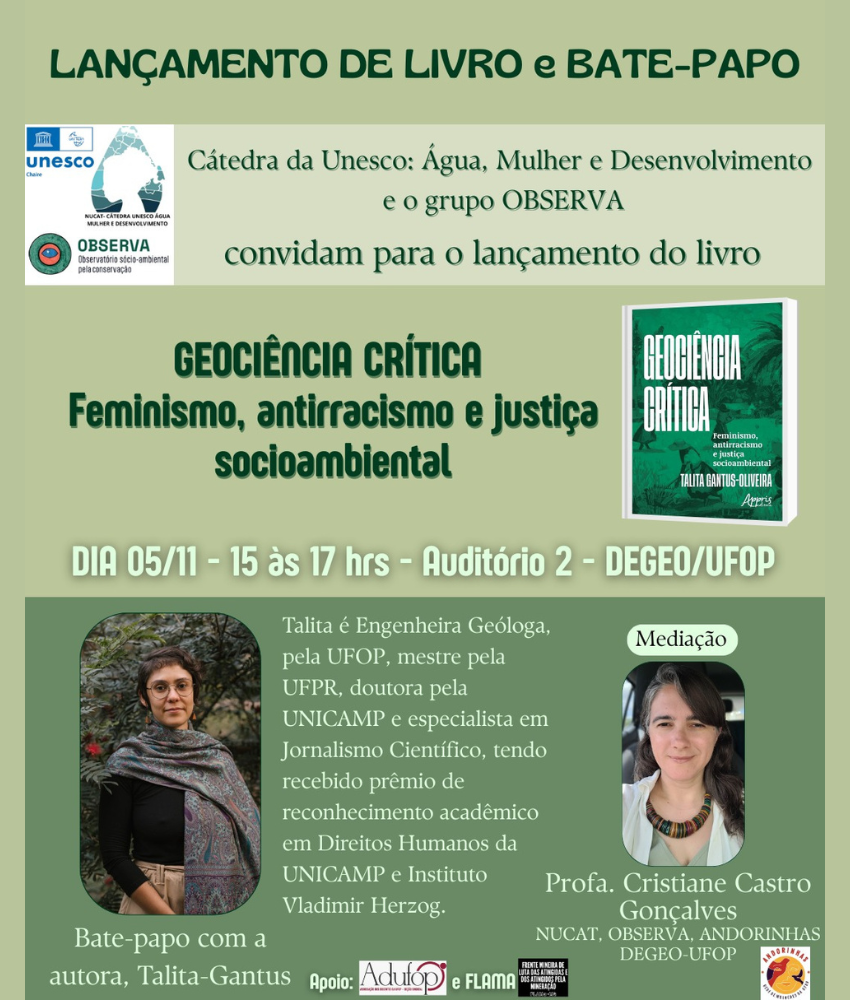 Cartaz de fundo verde e letras em verde mais claro, contendo informações sobre o lançamento do livro e o bate-papo.