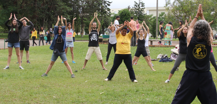 A imagem mostra um grupo de pessoas participando de uma atividade ao ar livre, um exercício de Tai Chi , com foco na coordenação corporal. Um gramado verde e muitas pessoas praticando