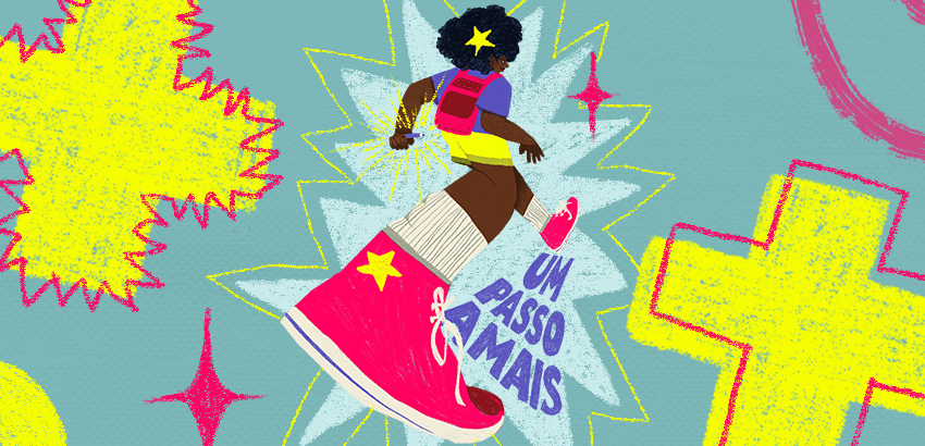 Ilustração vibrante de jovem negra com cabelo afro e estrela, correndo com mochila rosa e lápis na mão. Usa roupa colorida e tênis rosa. Fundo com formas abstratas e estrelas. Texto em destaque: “UM PASSO A MAIS”.