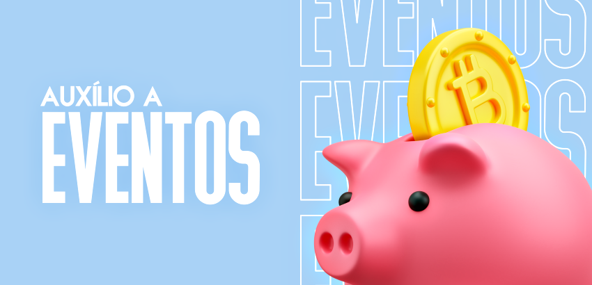 Imagem de fundo azul com um cofre de porquinho de plástico rosa com uma moeda entrando pela abertura. O texto, à esquerda, diz "Auxílio a eventos"