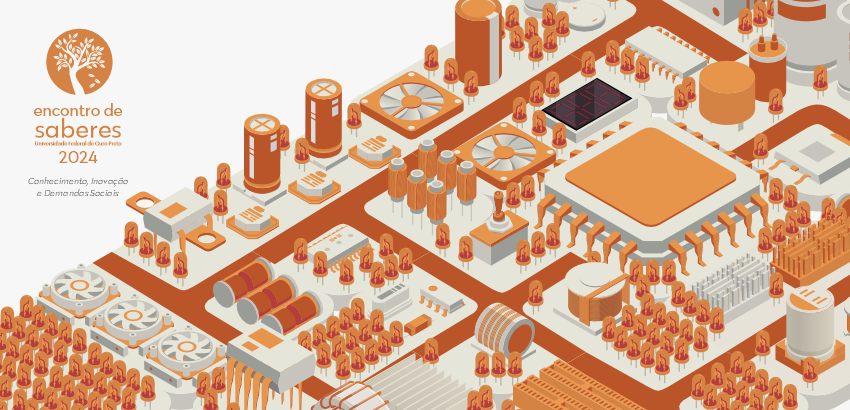 Com uma estrutura similar à de um microchip com as cores cinza e laranja, a imagem forma uma cidade, com ruas e construções. No canto superior esquerdo, está a marca do Encontro de Saberes, que é uma árvore, com o texto "Encontro de Saberes" e o tema.