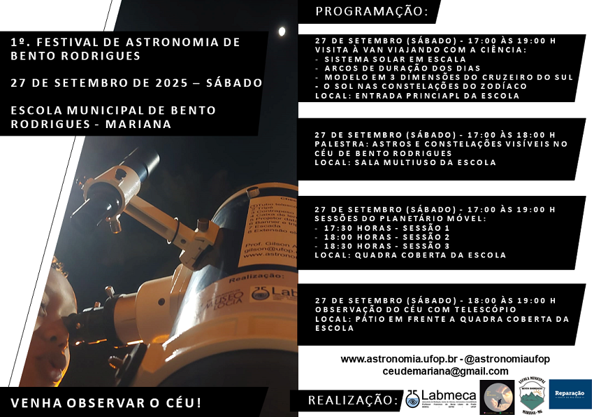 Em preto e branco, a imagem traz a programação do evento. No canto inferior direito, há a foto de uma criança olhando em um telescópio.