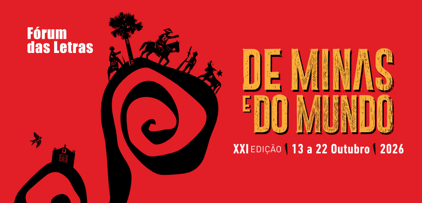 Imagem em fundo vermelho anuncia o “Fórum das Letras de Minas do Mundo”, XXI edição, de 13 a 22 de outubro de 2026, com ilustração em preto de figuras e elementos culturais de Minas Gerais.
