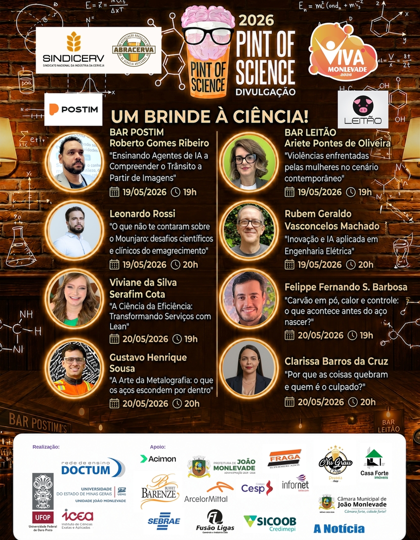 Imagem traz programação do encontro durante o evento do Print of Science, feira de divulgação científica que ocorrerá em João Monlevade. 