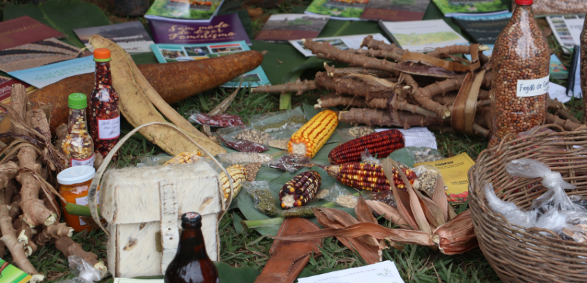 Produtos naturais e alimentos tradicionais expostos sobre folhas e cestos