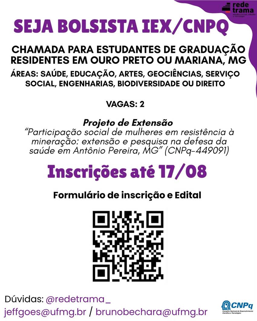 Cartaz vertical com fundo branco e elementos gráficos em roxo e preto. No topo, há uma faixa roxa ondulada com a identidade visual da Rede Trama. O título aparece em letras grandes e roxas. Abaixo, blocos de texto em preto e roxo são distribuídos centralm