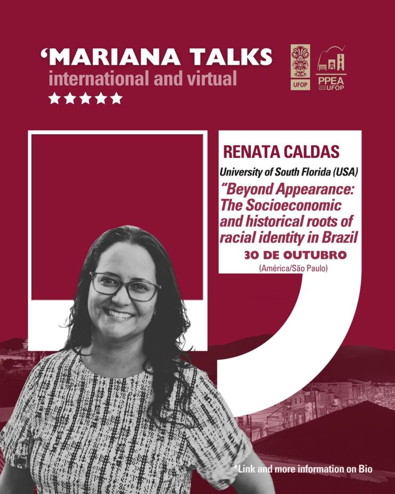 Imagem em primeiro plano da professora Renata Caldas, professora da Universit South Florida, ela usa óculos e cabelos soltos. As cores presente são vermelho e branca. Ao fundo é vemos uma cidade.O evento é organizado pelo programa de pós  em economia.