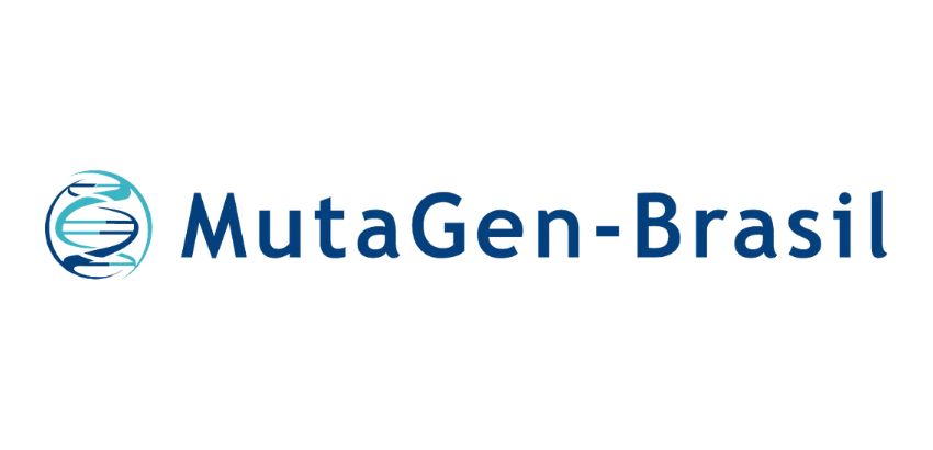 Logotipo da MutaGen-Brasil em fundo branco, com o nome escrito em azul e um símbolo estilizado de DNA ao lado esquerdo.