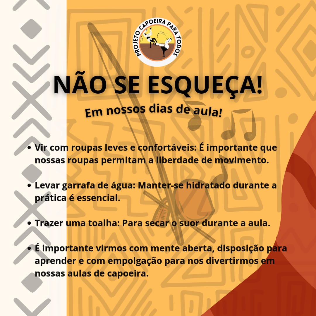 imagem de cartaz na cores marrom, amarelho e branco com orientações para atividades de capoeira. Acima observa-se um círculo com a representação de duas pesssoas praticado capoeira.