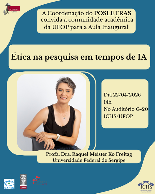 Convite nas cores azul, vermelho, bege e vermelho da Pós em Letras da UFOP para aula inaugural sobre "Èrica na pesquisa  em tempos de IA". Ao centro a professora Raquel está sentada,mão sobrepostas, cabelos curtos, branca e olhos claros.
