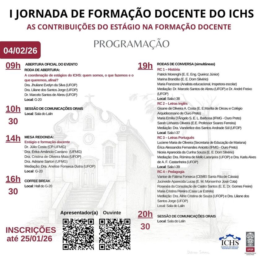 Cartaz da I Jornada de Formação Docente do ICHS, com subtítulo "As contribuições do estágio na formação docente". Informa a data 04 de fevereiro de 2026 e o local Instituto de Ciências Humanas e Sociais (ICHS), com silhuetas coloridas de pessoas ao fundo