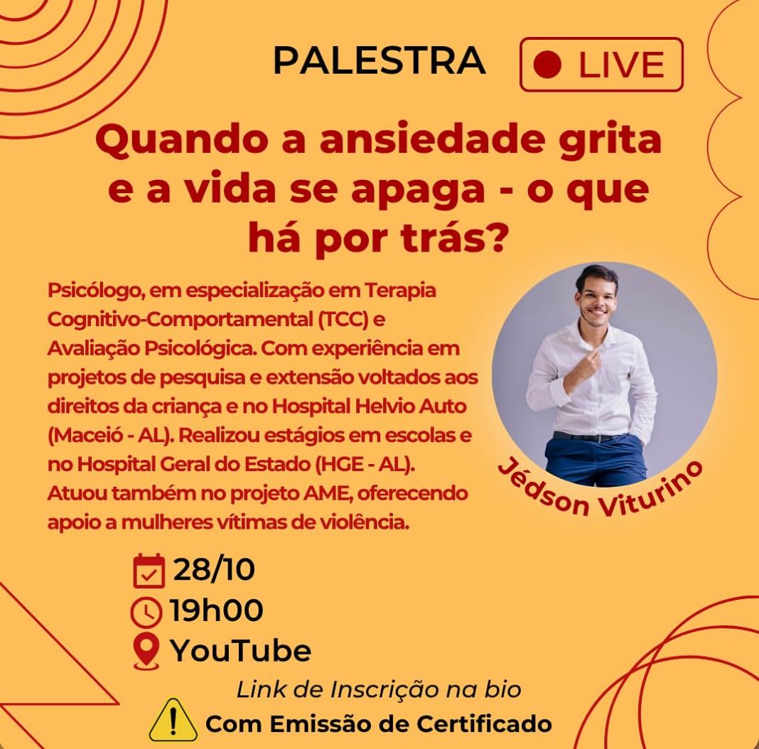 Imagem mostra o psicólogo Jédson Vitorino que irá ministrar a palestra sobre a ansiedade promovida pelo projeto Desabafo Escuta Afetiva.