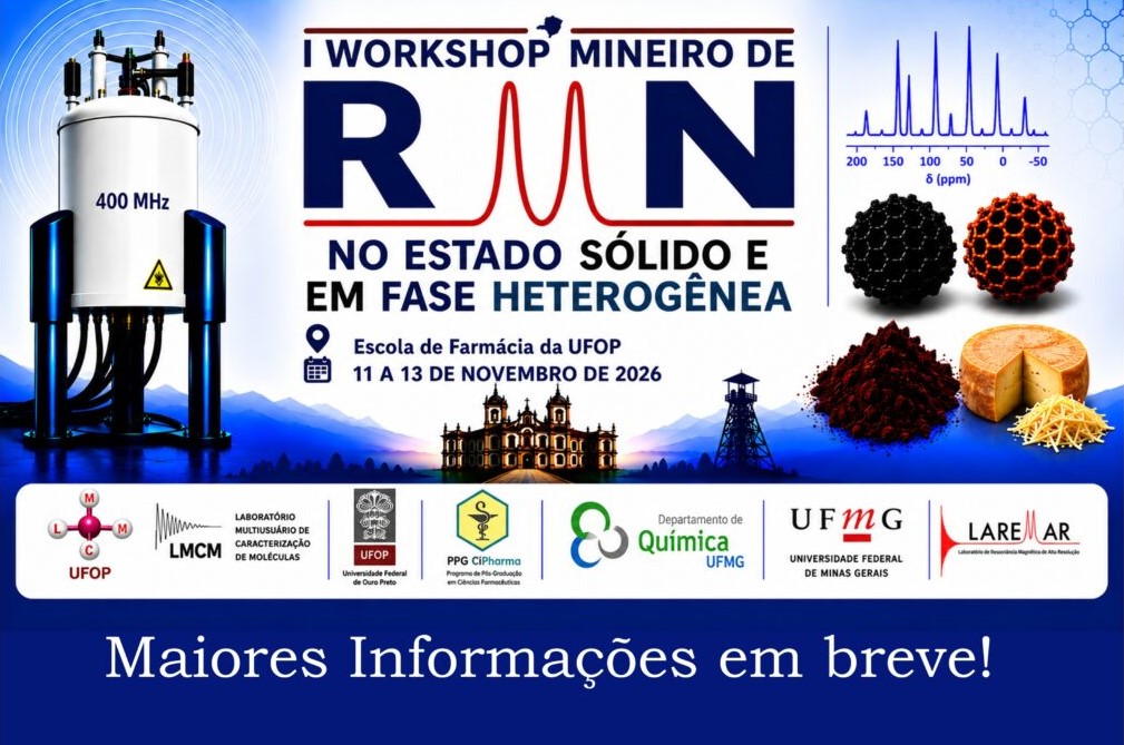 Cartaz de divulgação do I Workshop Mineiro de RMN no Estado Sólido e em Fase Heterogênea, que será realizado na UFOP em novembro de 2026.