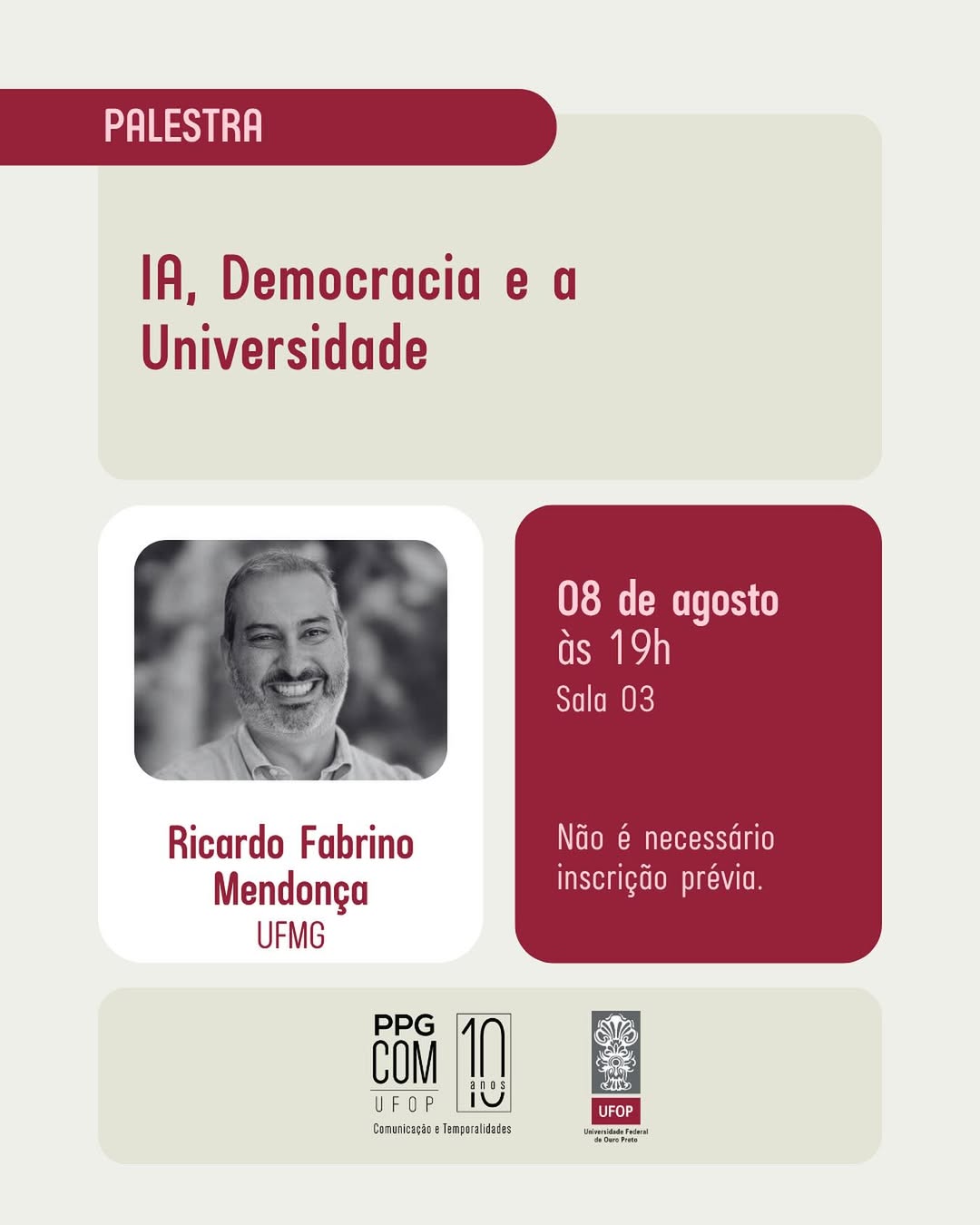 Banner de divulgação Palestra "IA, Democracia e a Universidade".