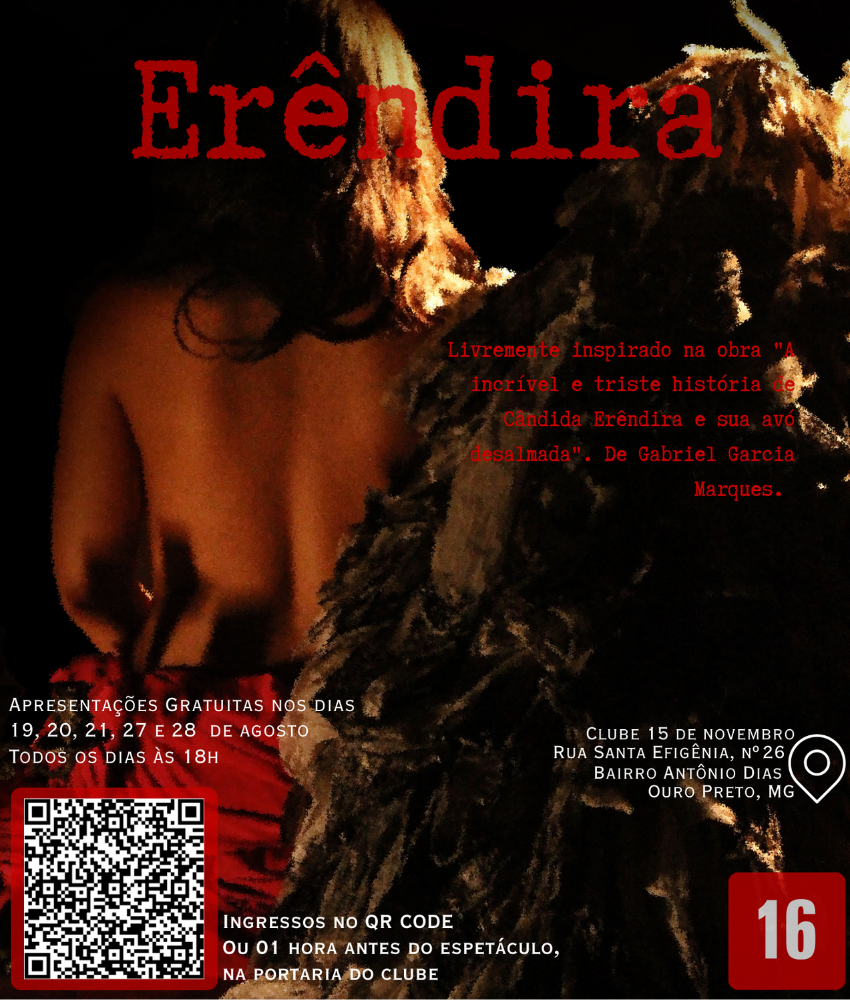 O fundo é predominantemente escuro, com a figura de uma mulher de costas, parcialmente nua, usando um tecido vermelho na parte inferior e segurando ou sendo envolvida por um xale ou manto felpudo. A iluminação destaca os contornos dos ombros e do cabelo s