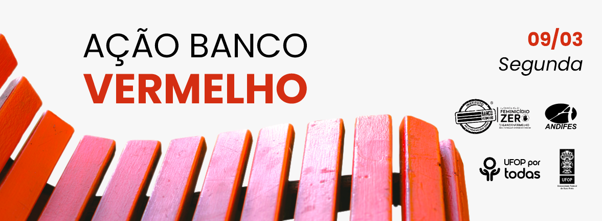 Foto de parte do assento de um banco de praça vermelho com o texto: ação banco vermelho