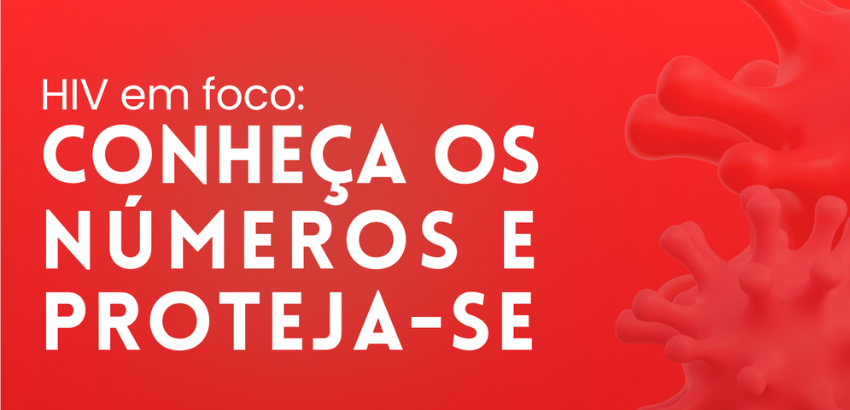 Cartaz informativo sobre HIV destaca dados nacionais e de Ouro Preto, perfil dos infectados. Fundo vermelho com ilustrações de vírus.