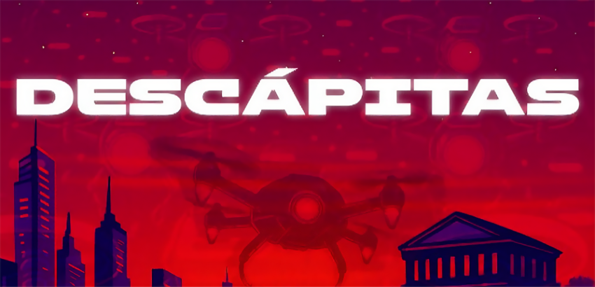 Capa do livro "DESCÁPITAS" com cenário futurista em tons de vermelho, drones voando no céu, prédios altos à esquerda e um edifício clássico à direita, sugerindo uma trama de ficção científica distópica.
