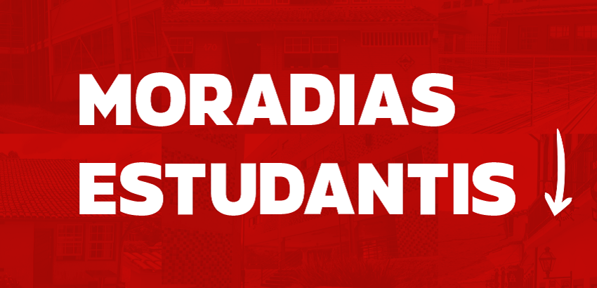 Com filtro vermelho, a imagem traz fotos de moradias da UFOP. Em branco, por cima, está escrito "Moradias estudantis"