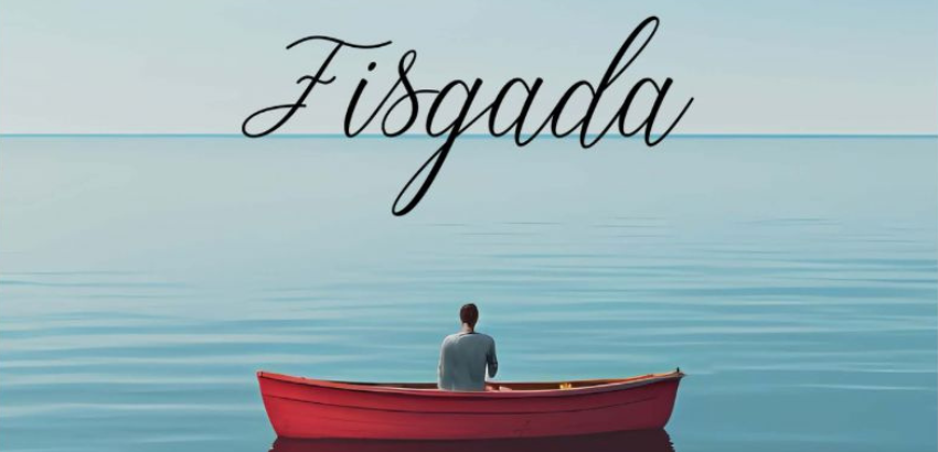 Imagem de um homem em um bote vermelho, no meio do mar, com o título do livro "Fisgada"