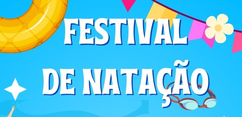 Imagem com fundo azul piscina e alguns elementos, em destaque escrito Festival de Natação