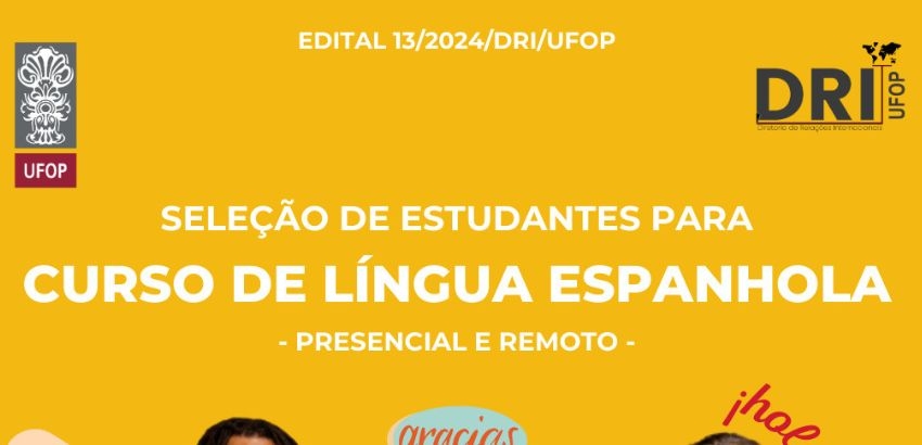 Imagem com fundo amarelo com as informações do curso de espanhol