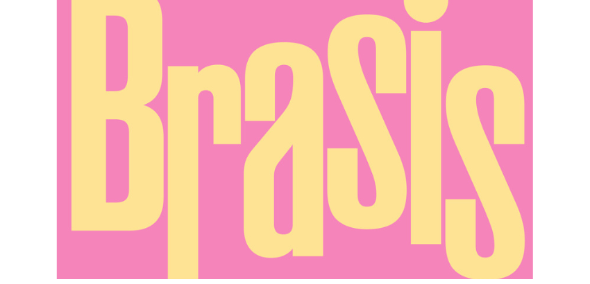 Imagem com a palavra "brasis" em letras grandes e amarelas sobre um fundo rosa