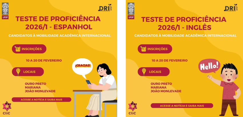 Banners de anúncio dos testes de proeficiência em idiomas do 2026/1