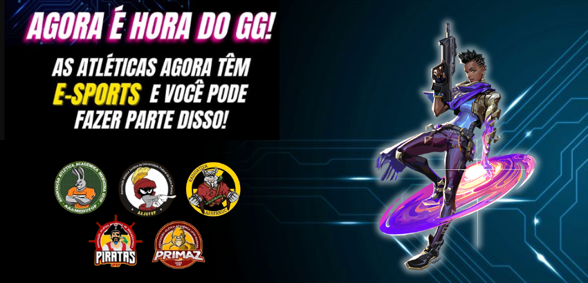Imagem com fundo preto e letras coloridas que dizem: “AGORA É HORA DO GG! AS ATLÉTICAS AGORA TÊM E-SPORTS E VOCÊ PODE FAZER PARTE DISSO!”. As palavras “AGORA É HORA DO GG!” estão em rosa e branco, e “E-SPORTS” em amarelo.