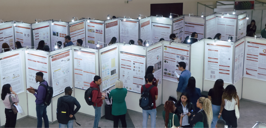 Exposição científica com vários pôsteres alinhados em painéis brancos. Visitantes caminham, conversam e observam as pesquisas exibidas, em um ambiente de troca acadêmica.