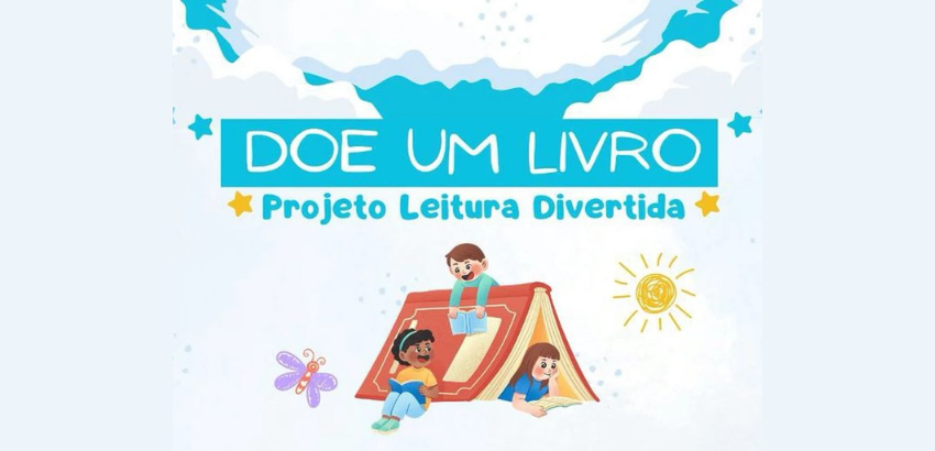Cartaz do projeto Leitura Divertida incentivando a doação de livros infantis ou contribuições via PIX para crianças e adolescentes