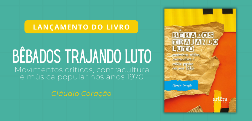Cartaz de lançamento do livro “Bêbados Trajando Luto”, com data, local e informações da roda de conversa com o autor
