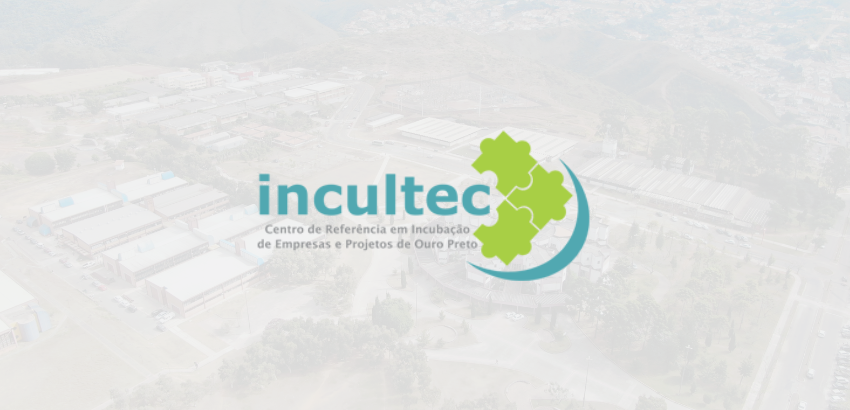 Logotipo da Incultec sobre fundo com imagem aérea desfocada do campus Morro do Cruzeiro. Texto: “incultec – Centro de Referência em Incubação de Empresas e Projetos de Ouro Preto”, com símbolo verde em forma de engrenagens e arco azul ao lado