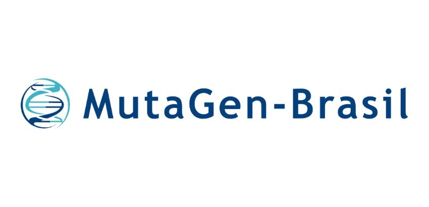 Logotipo da MutaGen-Brasil em fundo branco, com o nome escrito em azul e um símbolo estilizado de DNA ao lado esquerdo.