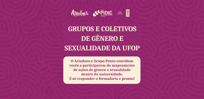 Card em tons de roxo e magenta com padrões abstratos ao fundo e logos da UFOP no topo. O destaque é o título “Grupos e Coletivos de Gênero e Sexualidade da UFOP”. Abaixo, há um quadro claro convidando a comunidade universitária a participar do mapeamento 