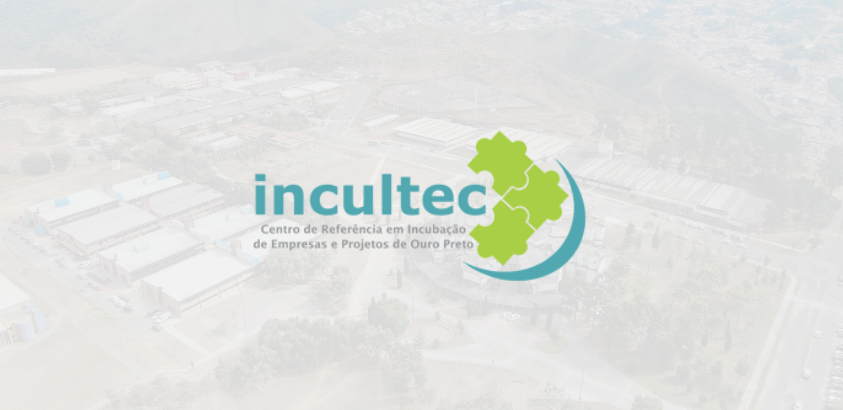 Logotipo da Incultec sobre fundo com imagem aérea desfocada do campus Morro do Cruzeiro. Texto: “incultec – Centro de Referência em Incubação de Empresas e Projetos de Ouro Preto”, com símbolo verde em forma de engrenagens e arco azul ao lado