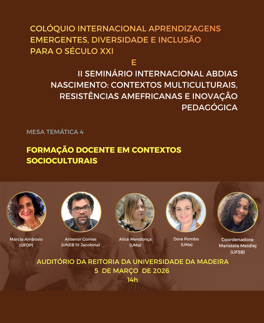 Cartaz em tons de marrom e amarelo com textos centralizados e cinco fotos circulares de pessoas na parte inferior, identificadas por nome e instituição. Indica data, horário e local do evento acadêmico.