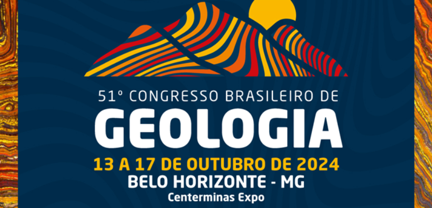 Ilustração de linhas em vermelho e laranja com fundo azul e texto "51º Congresso de Geologia, 13 a 17 de outubro de 2024"