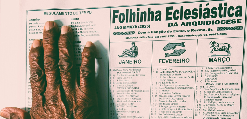 Mão de uma pessoa idosa cobre parte de um calendário religioso intitulado "Folhinha Eclesiástica da Arquidiocese – Ano MMXXV (2025)", com meses e datas litúrgicas visíveis: Janeiro, Fevereiro e Março.