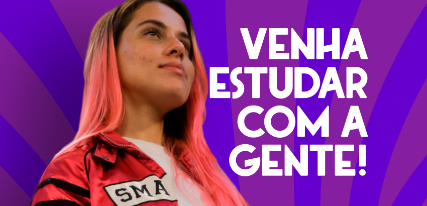 Imagem de divulgação com fundo roxo em raios. À esquerda, pessoa com cabelo longo rosa e casaco vermelho olha para cima em pose confiante. À direita, em letras brancas grandes, está escrito: 'VENHA ESTUDAR COM A GENTE!